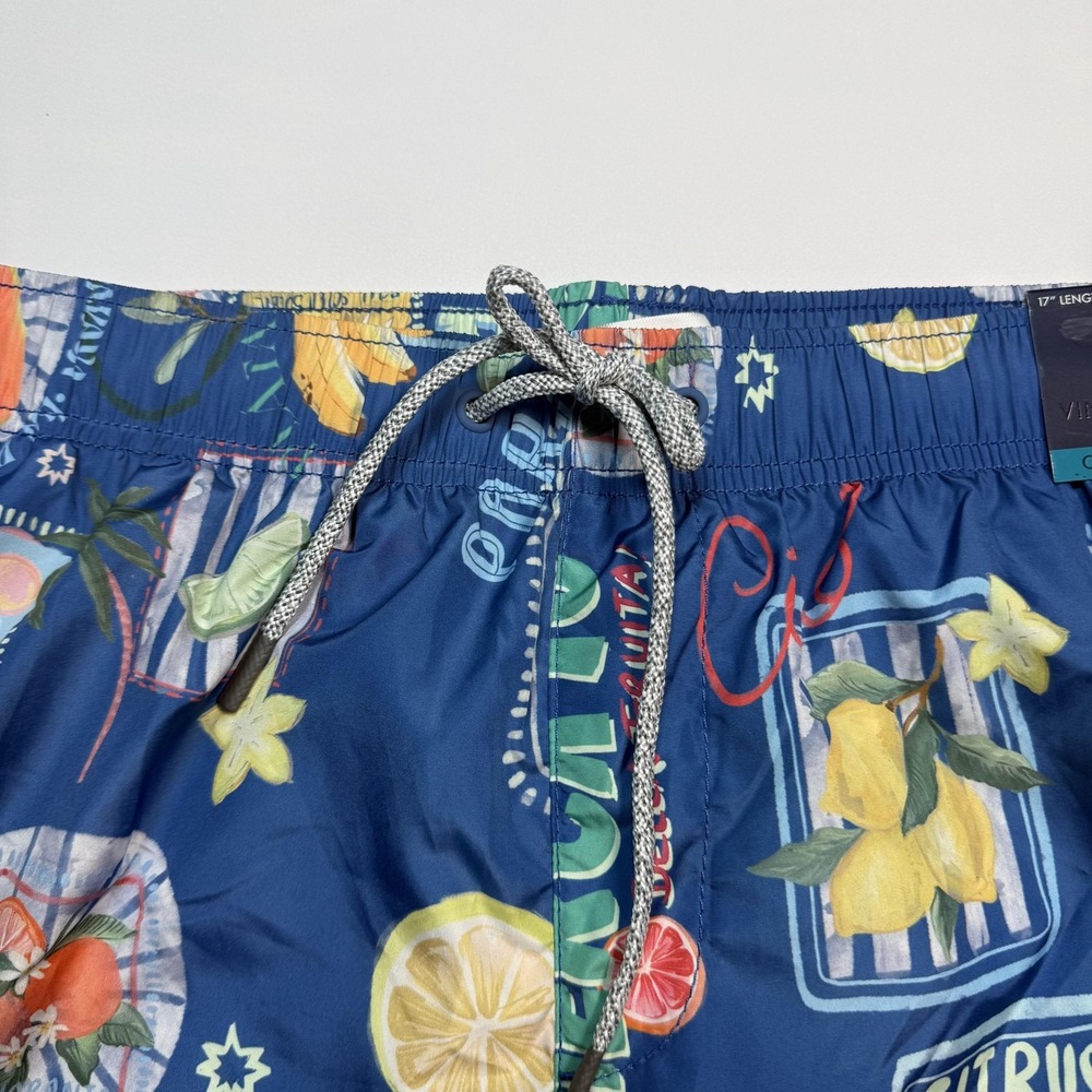 Vintage Summer Swim Trunks Mens M Blue Citrus Fruit Print Compression Liner - Picture 3 of 11